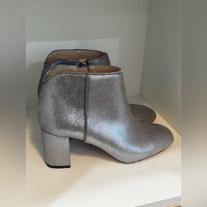 White House Black Market Harper sparkly silver thick heel booties w/ zipper